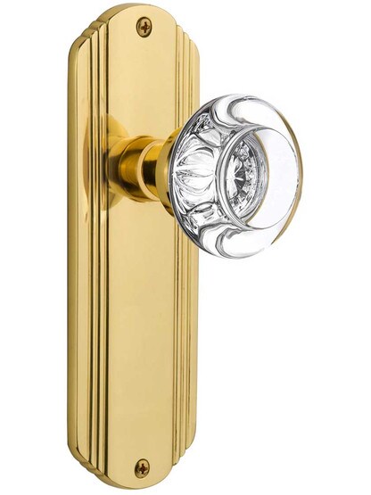 Streamline Deco Door Set with Round Crystal Glass Knobs in Polished Brass.